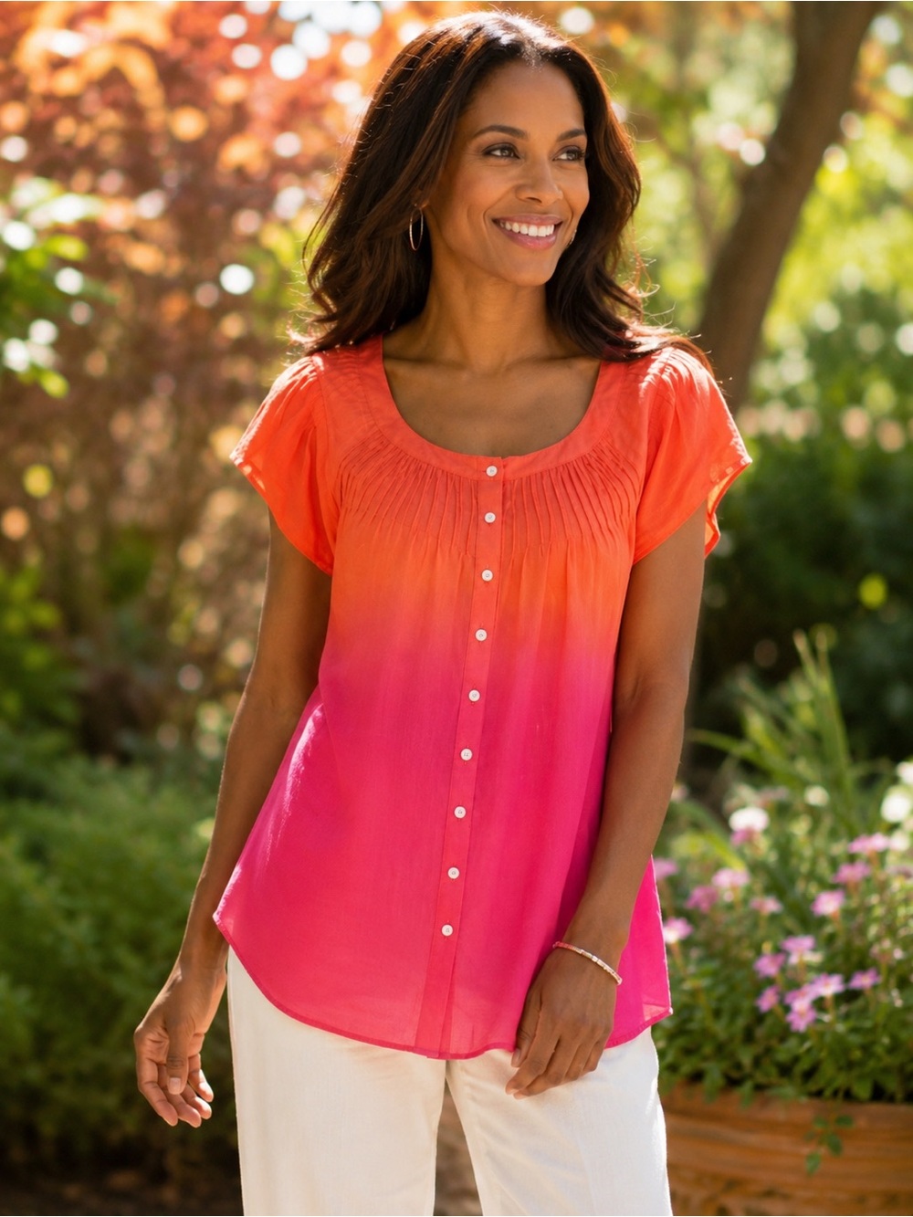 Soft Surroundings Cotton Silk Blend‎ Ombré Blouse Large Pink Orange